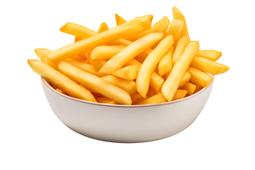 French fries, french-fried potatoes, finger chips, or simply fries in a white bowl isolated on a transparent background, potato fried chips transparent