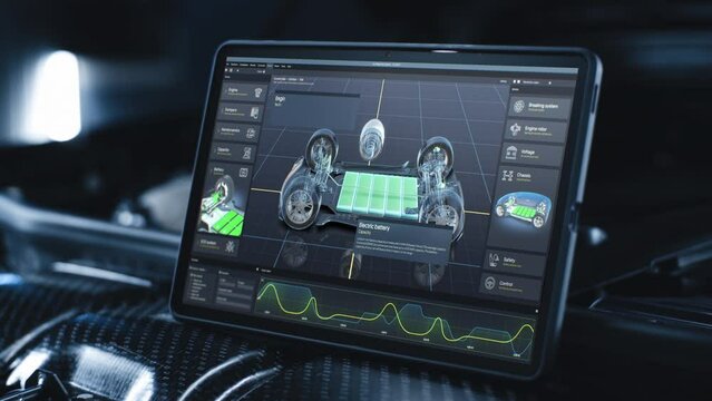 Digital tablet computer screen shows 3D render of professional software user interface for eco-friendly car developing. Program for car diagnostic or testing with 3D virtual electric vehicle model.