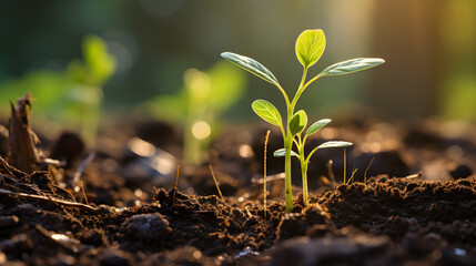 Close-up of a plant sapling newly sprouting from the soil under the sunshine. - obrazy, fototapety, plakaty