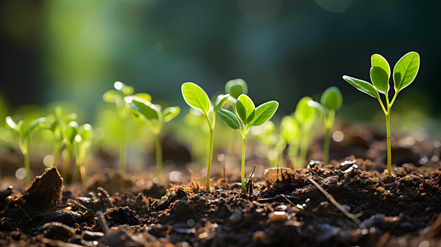 A close-up view of a group of young plant saplings emerging from the soil under the warm sunshine.