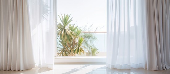 Interior of a Resort hotel room with a white window curtain