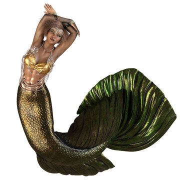 A 3d rendered illustration of a fantasy mermaid with a golden green tail laying 