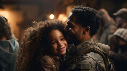 Much-awaited military homecoming. Male soldier reuniting with her daughters after serving in the army. Cheerful serviceman embracing his family after returning home from deployment. - obrazy, fototapety, plakaty