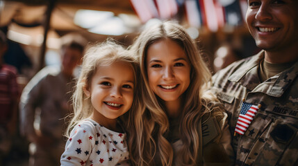 Cheerful woman with children welcoming father and husband from military service looking super excited against American flag - obrazy, fototapety, plakaty
