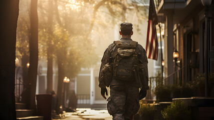 Back view of a courageous young soldier walking towards his house with his luggage. American serviceman coming back home after serving his country in the military - obrazy, fototapety, plakaty