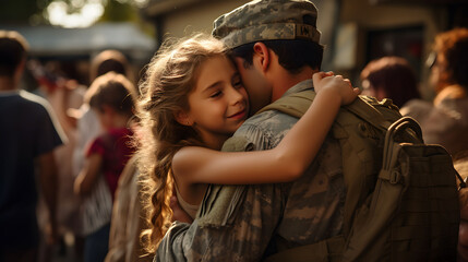 Army soldier embracing his daughter after coming back home. American serviceman surprising his wife and daughter with his return. Military man reuniting with his family after deployment. - obrazy, fototapety, plakaty