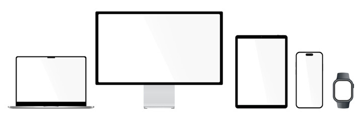 set of phone, laptop, monitor, tablet, smart watch with blank screen mockup