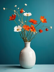 Wooden table with glass vase with bouquet of roses flowers near empty, blank turquoise wall. Home interior