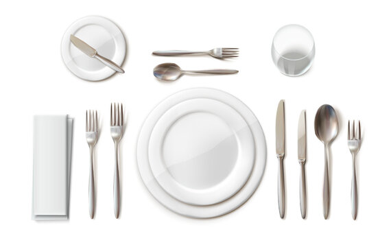 Dinner table setting set with cutlery, plates and glass. 3d realistic vector.