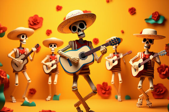 Dead day party, sugar skull, or Halloween holiday. Traditional Mexican music festival, fun bright dance 3D characters. Halloween Dia De Los Muertos Celebration. Ai generative