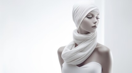 A mannequin with a white scarf wrapped around its head and neck on a white background. The scarf is loose and flowing and has a smooth texture. The mannequin has a gray square covering its face. - obrazy, fototapety, plakaty