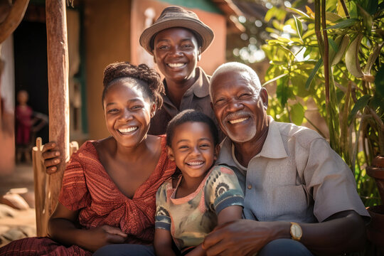 African American family together. Family photo of grandfather, with children and small grandchildren. Children and grandchildren visit elderly parents. Family values. Caring for the elderly.