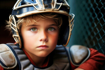 Photo of a child wearing a protective baseball helmet up close