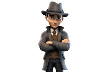 3D Cartoon Character: Male in Detective's Hat, Arms Crossed Isolated on Transparent Background.