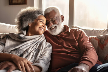 Elderly couple, husband and wife relaxing on the sofa, laughing cheerfully, joking together, happy couple hugging at home, smiling, enjoying family vacation, senior love concept. Romance. Love. - obrazy, fototapety, plakaty