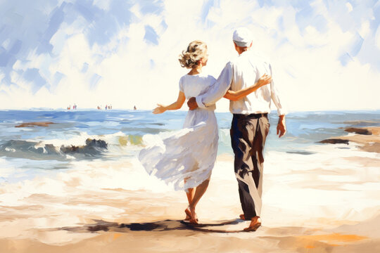 An elderly couple in love, a man and a woman, are dancing on the beach by the sea. They look at each other with a loving gaze. Seniors dating. Relationships in old age. Love and romance.