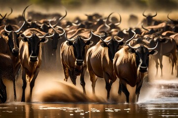 the incredible spectacle of wildebeest in the Serengeti - obrazy, fototapety, plakaty