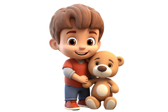 3D Cartoon Child Character with Crossed Arms, Holding a Teddy Bear Isolated on Transparent Background.