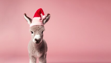 Donkey with santa hat isolated on pastel pink background. Blank space for advertisement. Copy space on right.