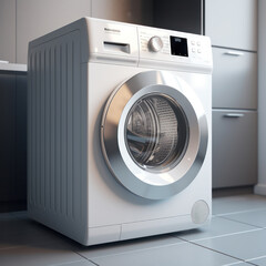 Modern washing machine with laundry, closeup