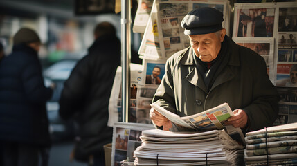 Old man selling newspapers at a newspaper stand in a busy street