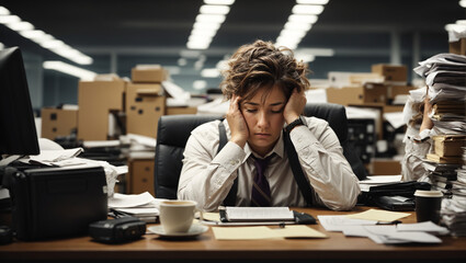 Obraz premium Tired employee behind the office desk