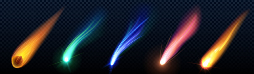 Comet or meteor trails set isolated on transparent background. Vector realistic illustration of asteroid, shooting star, missile, rocket, burning rock falling from sky at high speed, neon light tail © klyaksun