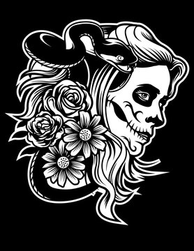 Snake Head for Dark Background, Gothic Girl Vector, Floral Halloween Mom Illustration, Goth Black Magic Witchcraft Clipart, Serpent Sugar Skull Tattoo Design, Venom Woman Day of the Dead Stencil