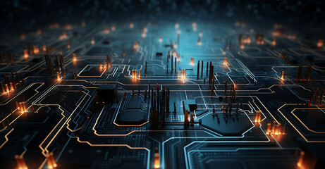 An abstract background featuring digital circuitry patterns and futuristic elements. This high-tech backdrop is a favorite for tech-related projects, conveying innovation and connectivity