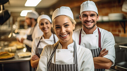 Chefs baker in chef dress and hat, cooking together in kitchen. Team of professional cooks in uniform preparing meals for restaurant in the kitchen. - obrazy, fototapety, plakaty