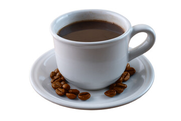 A Cup of Coffee with Scattered Coffee Beans Isolated Background
