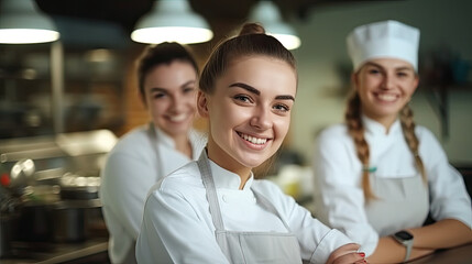 Chefs baker in chef dress and hat, cooking together in kitchen. Team of professional cooks in uniform preparing meals for restaurant in the kitchen.