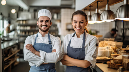 Chefs baker in chef dress and hat, cooking together in kitchen. Team of professional cooks in uniform preparing meals for restaurant in the kitchen.
