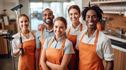 Cleaning team. Group of Team Worker mix race enjoy working in small business standing together smiling, uniform wearing. For advertisement of cafe, cleaning service, shoe shop, warehouse, workshop etc - obrazy, fototapety, plakaty