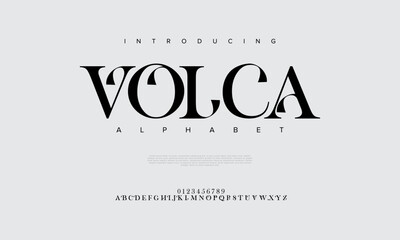 Volca premium luxury elegant alphabet letters and numbers. Elegant wedding typography classic serif font decorative vintage retro. Creative vector illustration