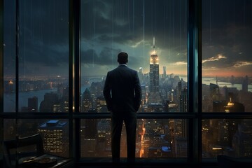 Fototapeta na wymiar Businessman Contemplating Success: Cityscape View from Office Window