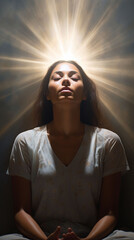 A young woman meditates in the lotus position.