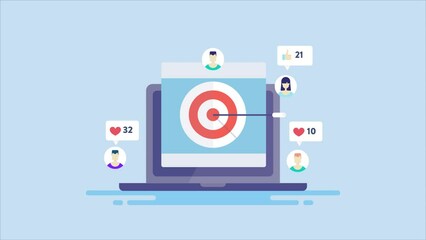 Targeting social media audience with digital content marketing and sponsored advertising strategy, blog post with target and arrow laptop screen, business animation video.