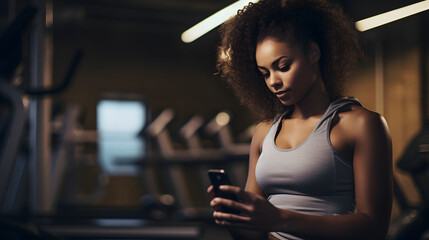 Athletic black young woman using her smartphone in gym, portrait of fitness woman at gym - obrazy, fototapety, plakaty