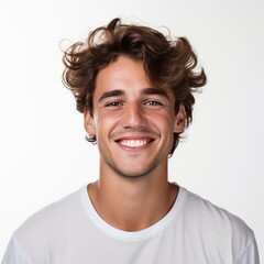 Portrait of a smiling young man looking at the camera, isolated on white background.