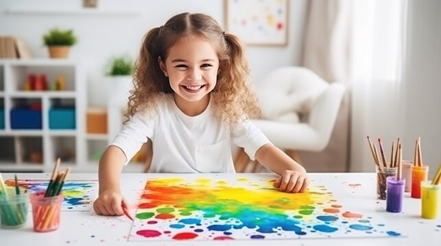 happy little girl drawing with colorful watercolors at table