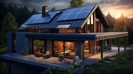 Obraz premium Eco-Friendly House with Solar Panels on the Roof, Blue Sky Background, Copy Space