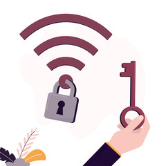 Connection to wifi, network with padlock, good encryption. wireless security or safety for internet, network protection or mobile access. User holds key for wi-fi protection.