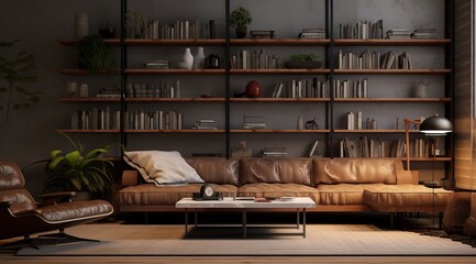 Obraz na płótnie Canvas Cozy Living Room with Brown Reclining Sofa and Bookshelves