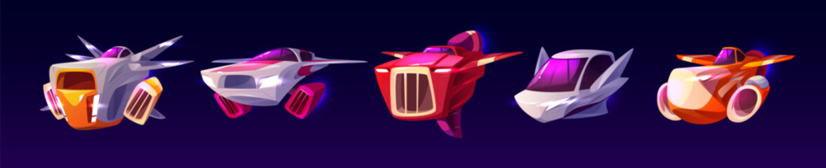 Game spaceships set isolated on black background. Vector cartoon illustration of futuristic spacecraft flying in sky, shuttles for space exploration mission, cosmic adventure gui design elements © klyaksun