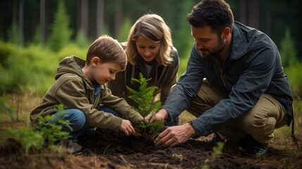 A diverse family honors a loved one's memory by jointly planting a tree in a serene forest, symbolizing life, love, and legacy. Generative AI