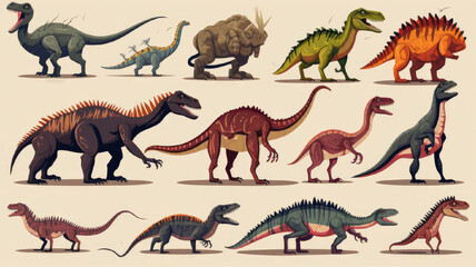 Set of Dinosaurs of different colors and sizes on light background