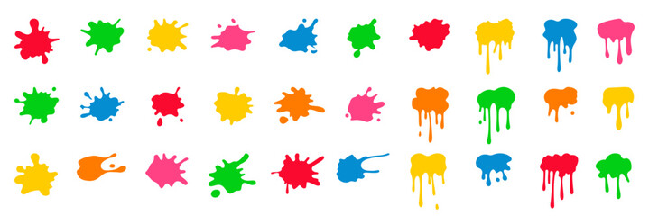 minimal color Ink drops and splashes. Blotter spots, liquid paint drip drop splash and ink splatter. - obrazy, fototapety, plakaty