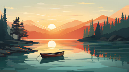 tranquil lakeside scene, highlighting a rowboat on calm waters and a distant forest.