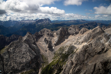 Panoramic view from the top of the Marmolada Glacier, Dolomites,  South Tyrol, Italy.
